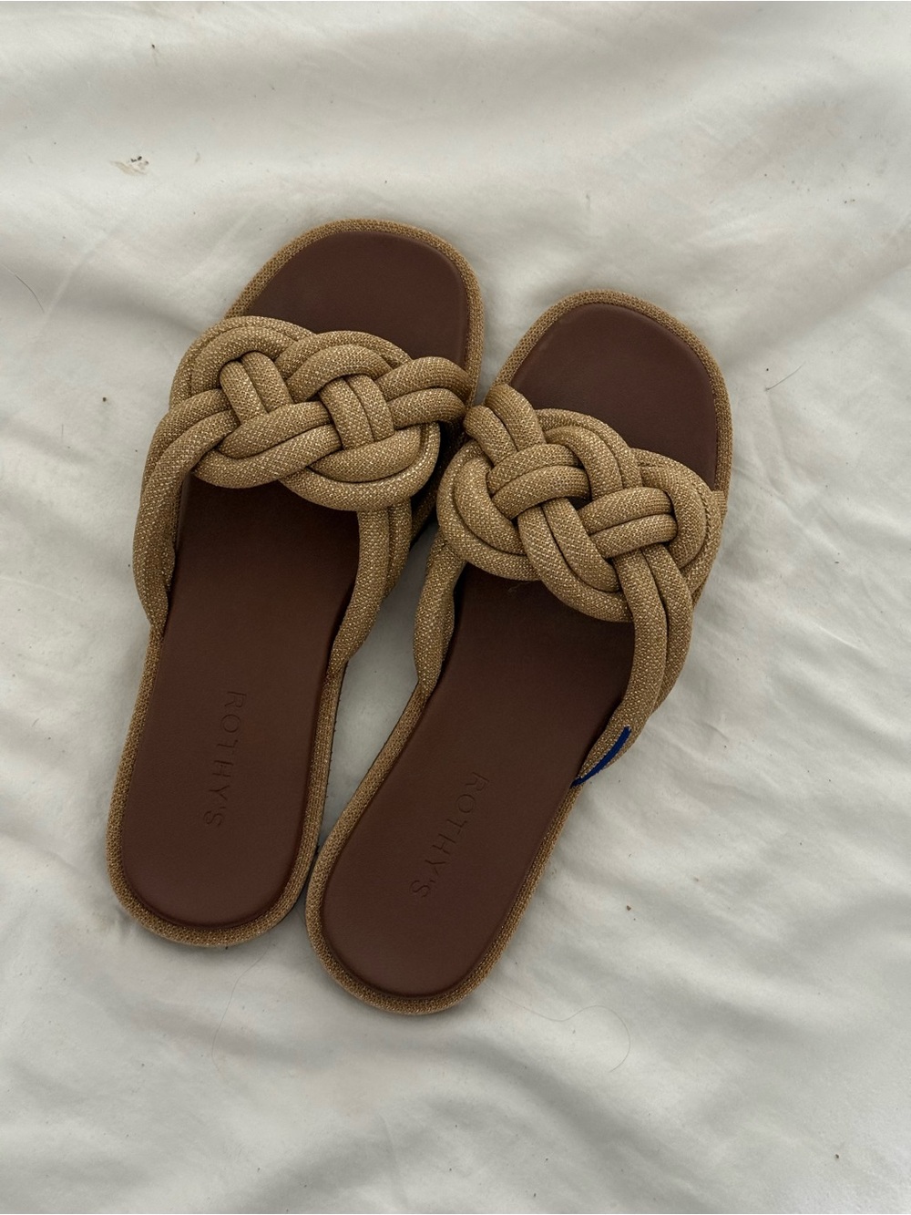 Rothy’s tan gold metallic woven braided slide sandal size 9